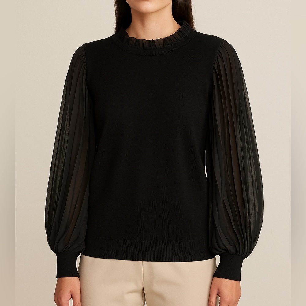 Adrianna Papell Black Ruffle Neck & Sheer Ballon Ruffle Sleeves - Size Large